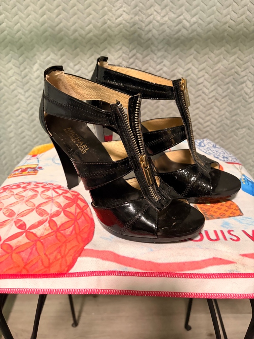 MICHAEL Michael Kors Black Patent Leather Strappy Zip Heels